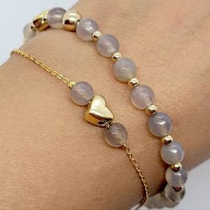 2 Piece 925 Heart 14k Gold Filled Faceted Gray Agate Beaded Bracelet Set